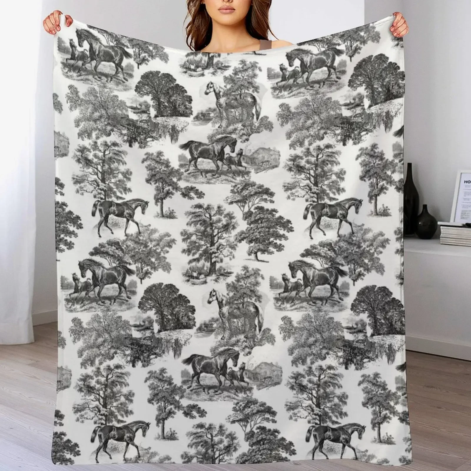 New Classy Elegant Rustic Black and White French Country Toile Horses Pattern Throw Blanket Sleeping Bag Vintage Blankets