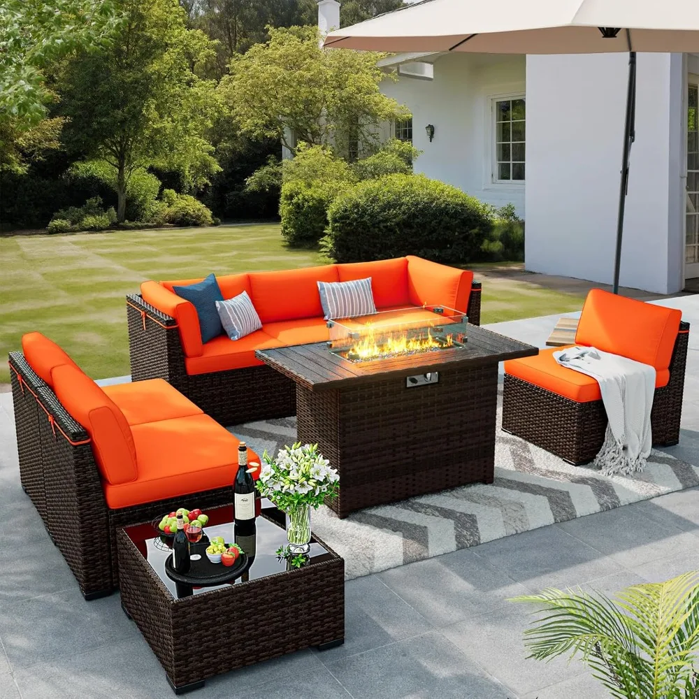 

8 Pieces Outdoor Patio Furniture Set with 44 Fire Pit Table Rattan Sectional Conversation Sets w/Gas Fire Pit, Coffee Table.