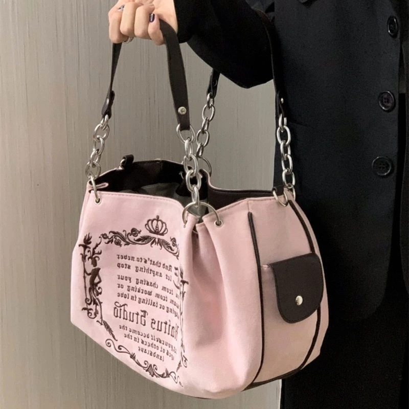 Multifunctional Interior Canvas Pumpkin Shoulder Bag for Women Chain Handle Gothic Letter Embroidery Crossbody Bag