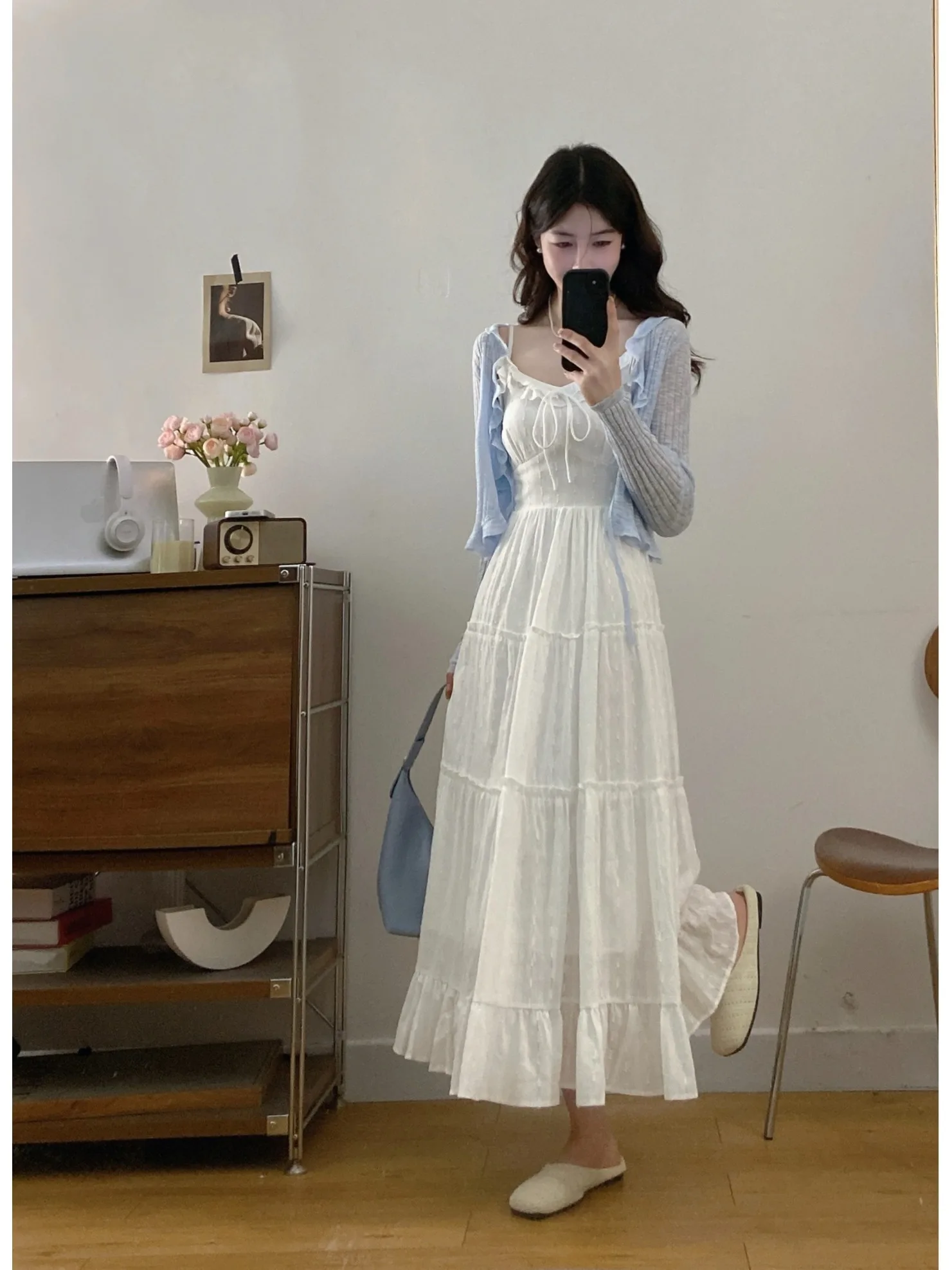

Summer 2026 plus Size Casual White Strap Dress Cardigan Two-Piece Set Design Sense Versatile Fat MM Long Skirt Princess Style