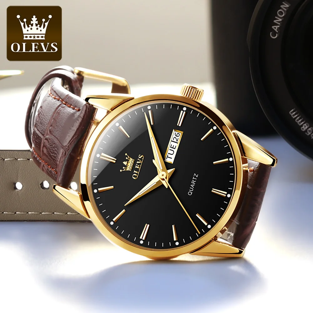 OLEVS 6898 Simple Quartz Watch For Men Week Calendar Display Leather Wristwatch Original 30M Waterproof Luminous Man Dress Watch