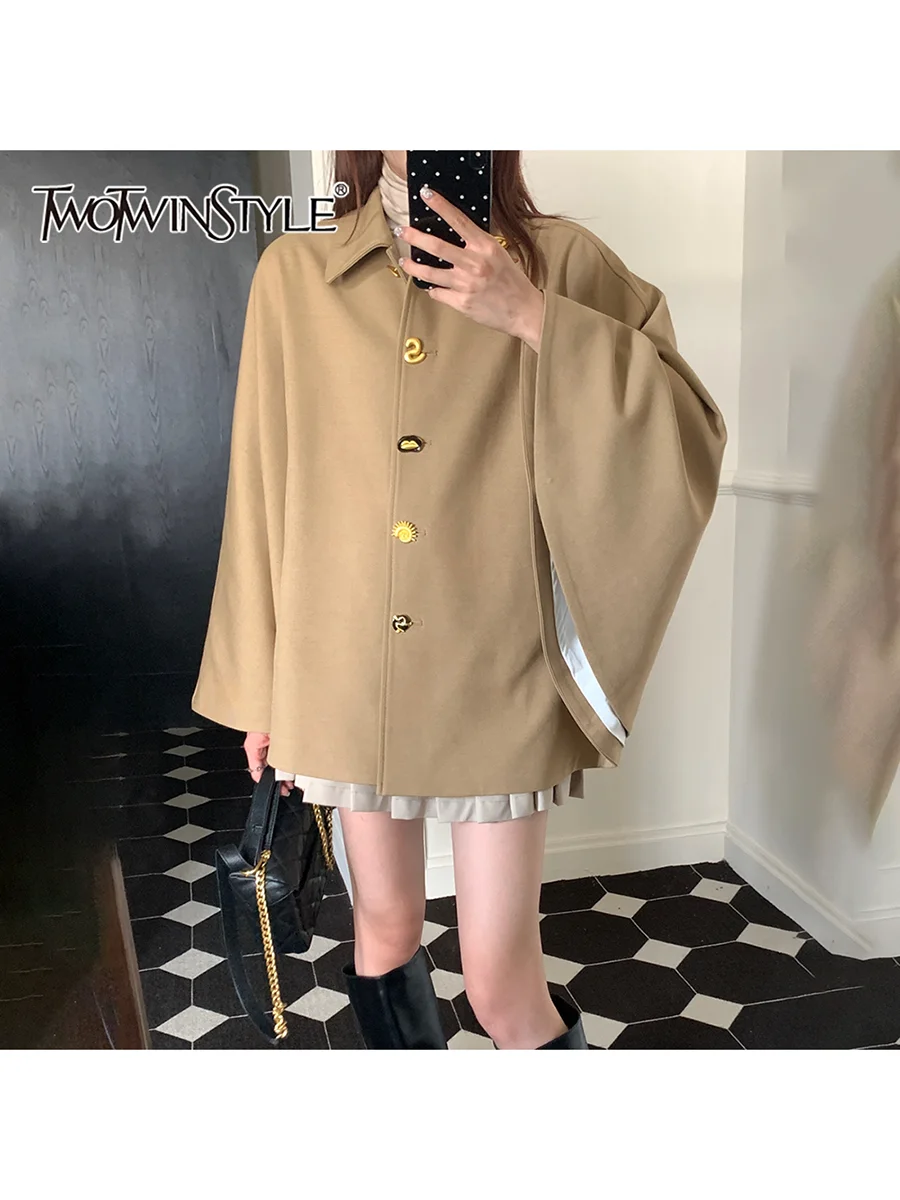 

TWOTWINSTYLE Solid Loose Spliced Buttons Casual Jackets for Women Lapel Long Sleeves Elegant Jacket Female Fashion Clothing New