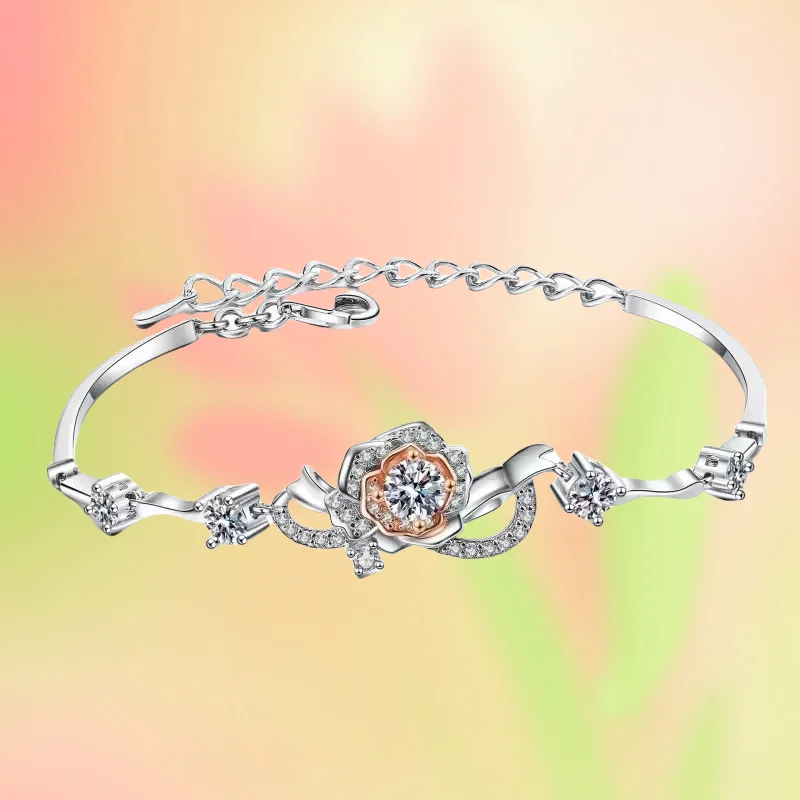 

Quality Platinum PT950 Luxury Fine Jewelry GRA Sparkling 1.4CT Real Moissanite Diamond Rose Flower Halo Bracelet for Women GiftV