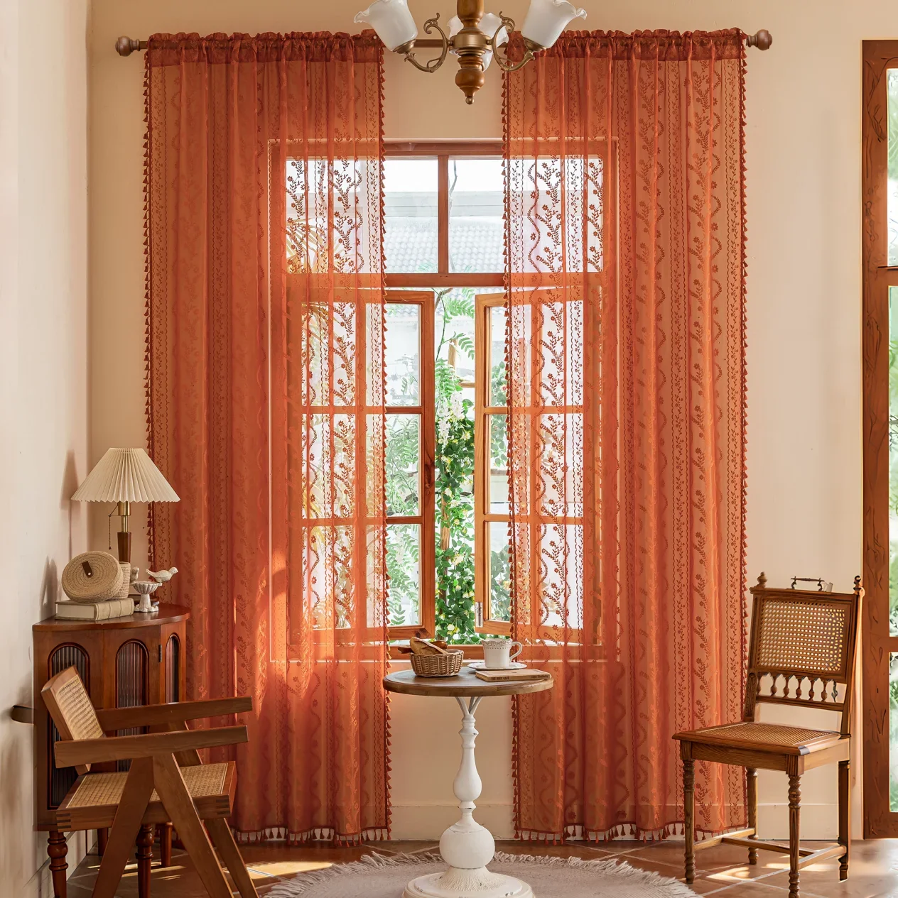 Boho Lace Curtains 2 Panel Drapes for Bedroom, Living Room, Dining Room, Tassel Trim, Rod Pocket Privacy Curtains That Let Light