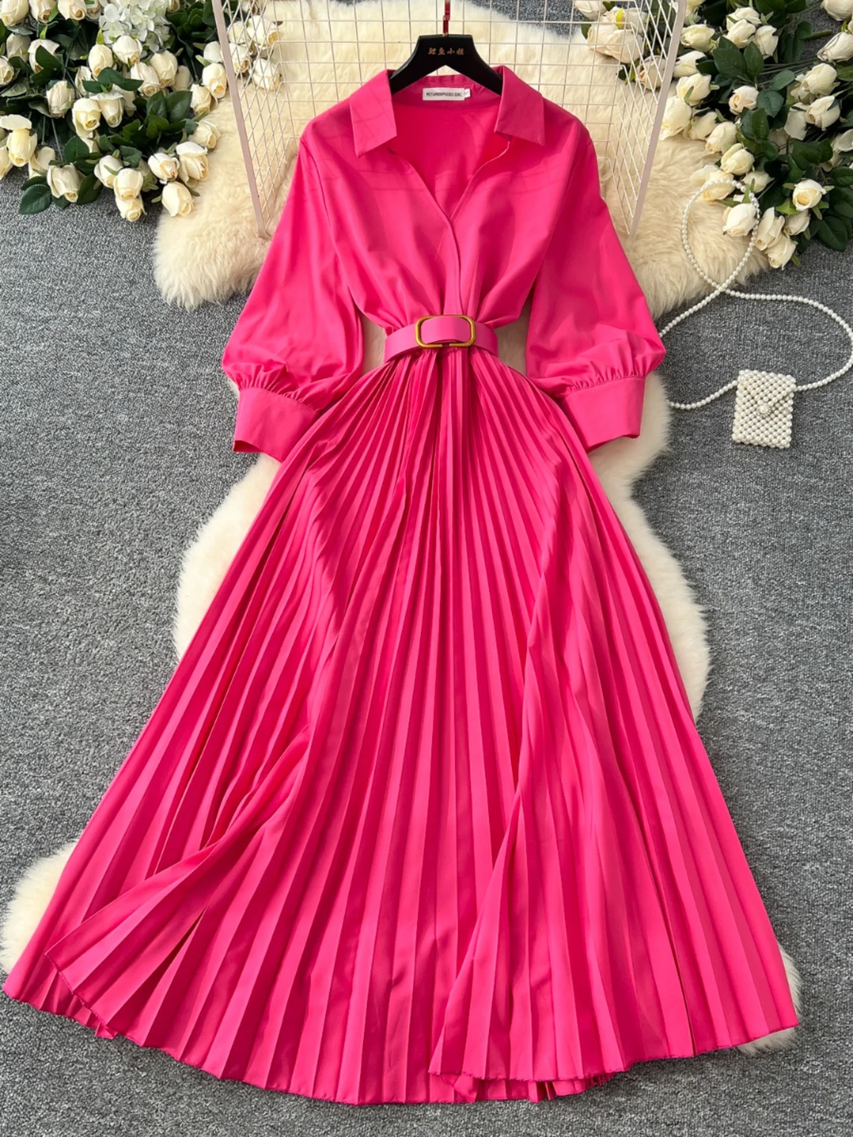 Vestido Largo Retro con Cuello, Mangas Farol, Cintura Alta y Pado, con Cinturón, Estilo Coreano, para Mujer, Temporada de ...