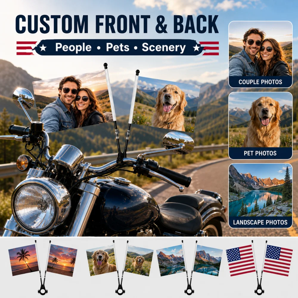 2Pcs Custom Photo Motorcycle Flag Set with Plastic Pole Double Sided Different Print Motorbike Handlebar Decor Flag Kit