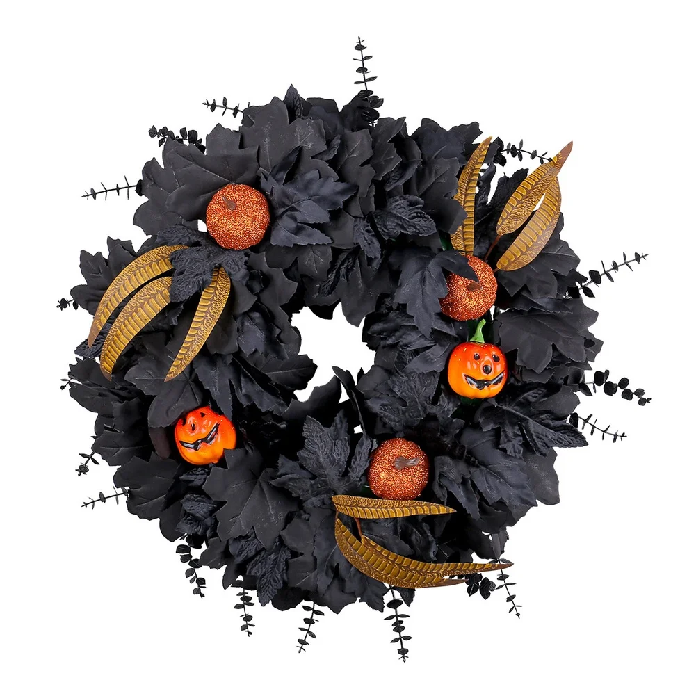 Halloween Black Maple Leaf Pumpkin Wreath 50cm Autumn Decorations For Door Party  Indoor Wall Window Porch Farmhouse