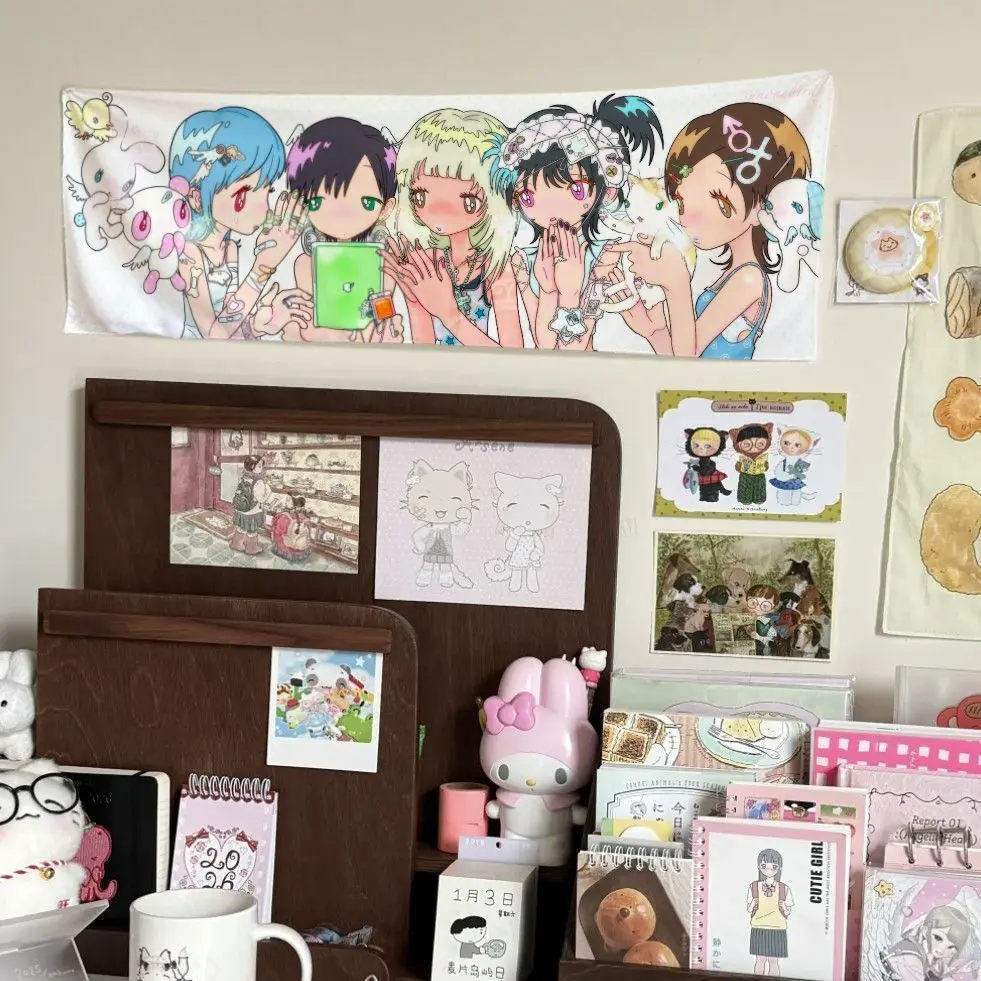 Horizontal Long Y2K Kawaii Tapestry, Anime Illustration Wall Hanging Background Cloth, Ins Aesthetic Bedside Wall Decor for Bedr