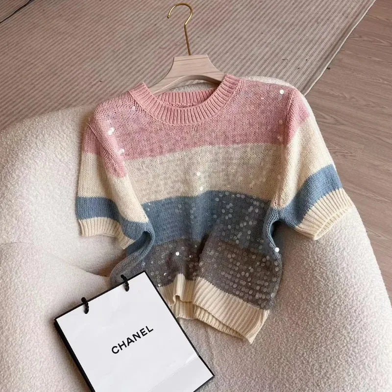 

Luxury Shiny Sequin O-neck Short Sleeve Striped T-shirt Women Summer Knitted Sweater Short Knit Sweater Slim Versatile Tops Chic