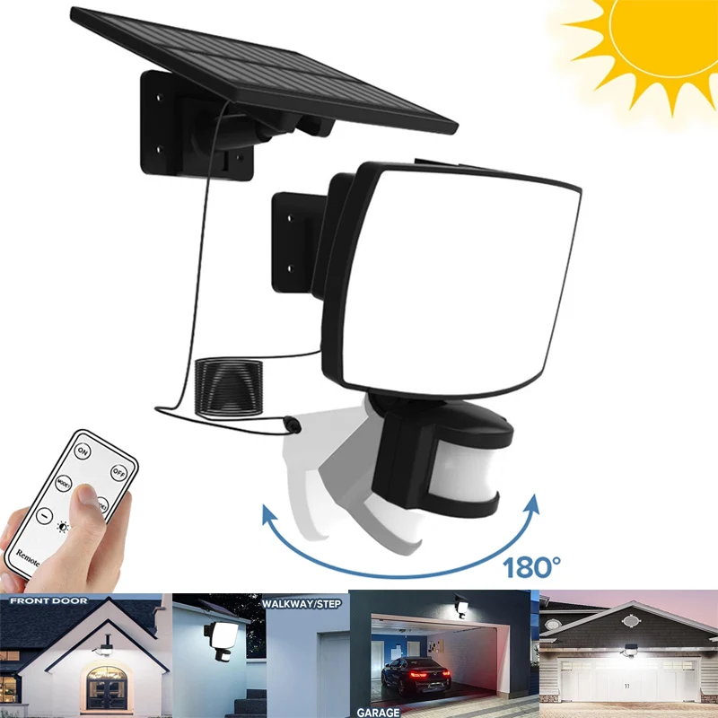 

Солнечные уличные фонари, светодиодный светильник с датчиком движения, регулируемая головка с дистанционным управлением, водонепроницаемый прожектор безопасности для патио, гаража, крыльца