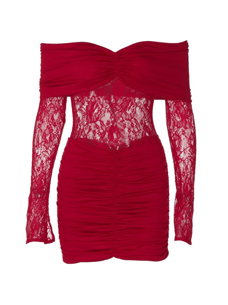 فستان ByeMyLove بدون أكتاف للنساء بأكمام طويلة من الدانتيل الشفاف فستان سهرة صغير نحيف للحفلات للنساء #6