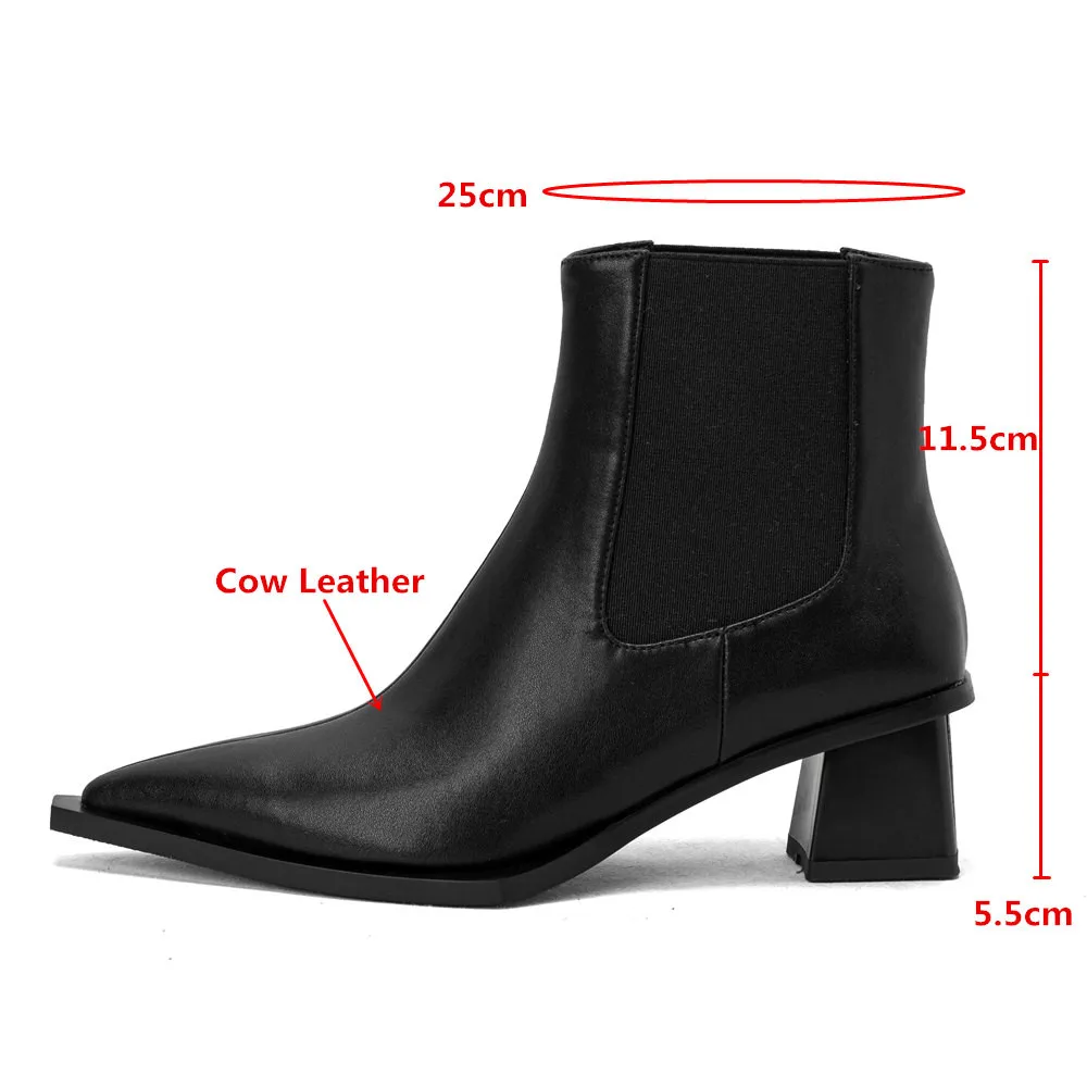 MILI-MIYA Fashion Big Size 34-43 Sexy Pointed Toe Women Cow Leather Ankle Boots Thick Heels Solid Color Slip On Handmade