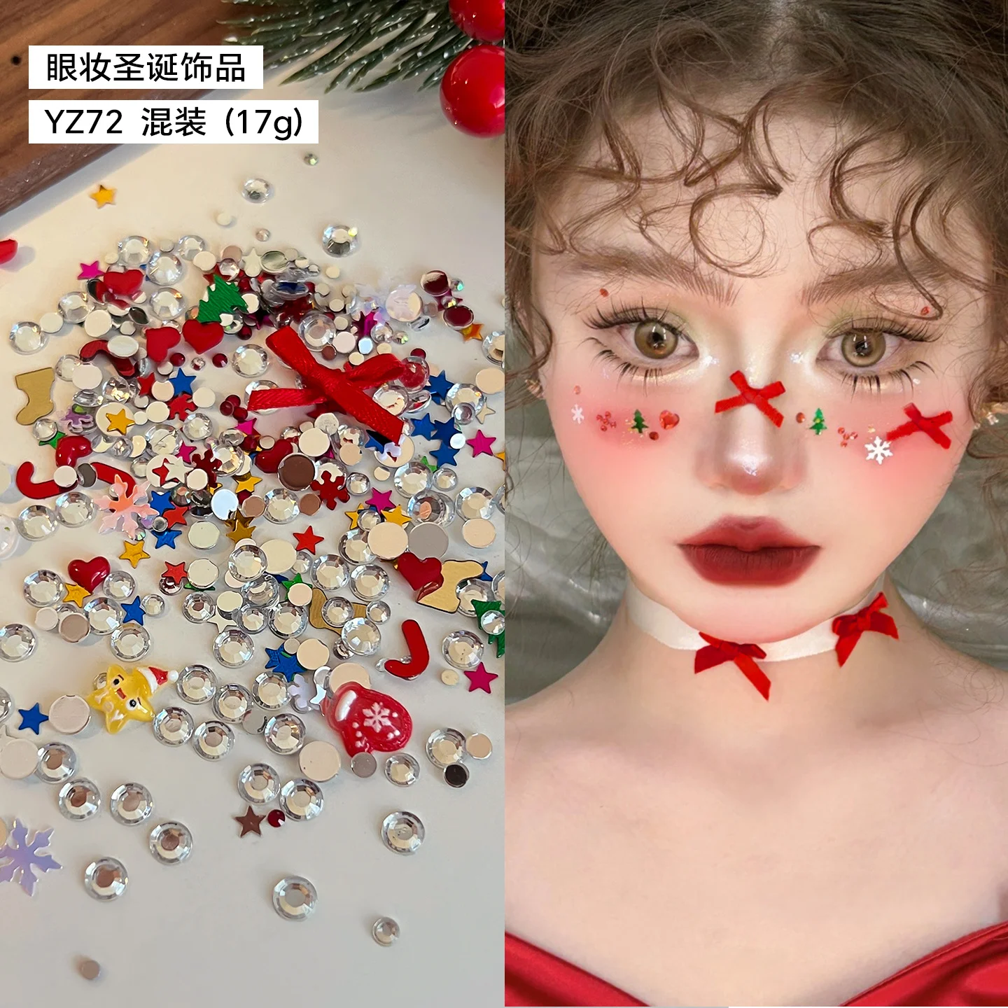 1 doos Mix Kerst Vibe 3D Steentjes voor Nagels Decoratieve Rode Lint-Strikken Sterren Sneeuw Vlokken Diamanten DIY Kerst Decoratie