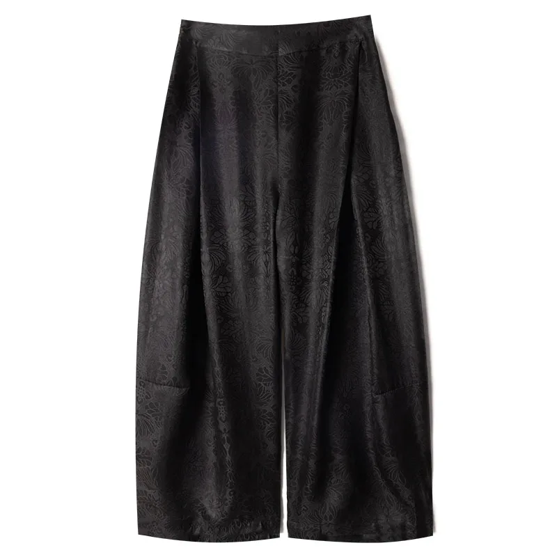 Women's Autumn Clothing 100% Natural Mulberry Silk Gambiered Guangdong Gauze Black Jacquard Fashionable Loose Straight-leg Pants