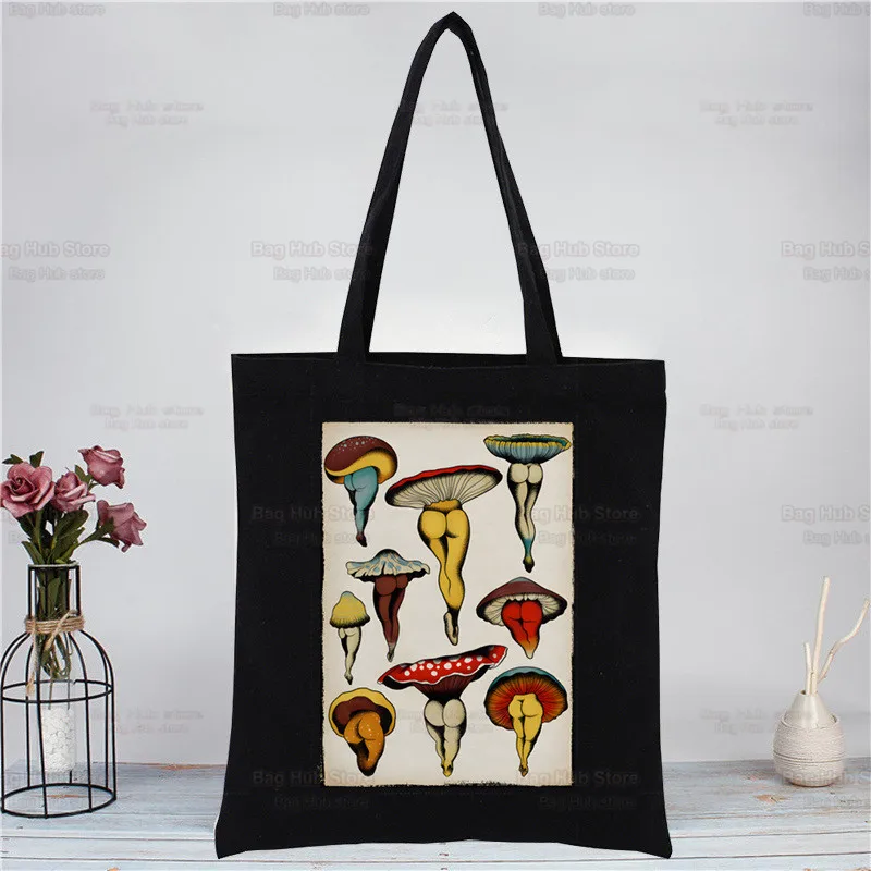 Mushroom Harajuku Shopping Kawaii Ulzzang Black Bags Canvas Tote Bag Cloth Bag Handbag Grunge Graphic Aesthetic Shoulder Bags