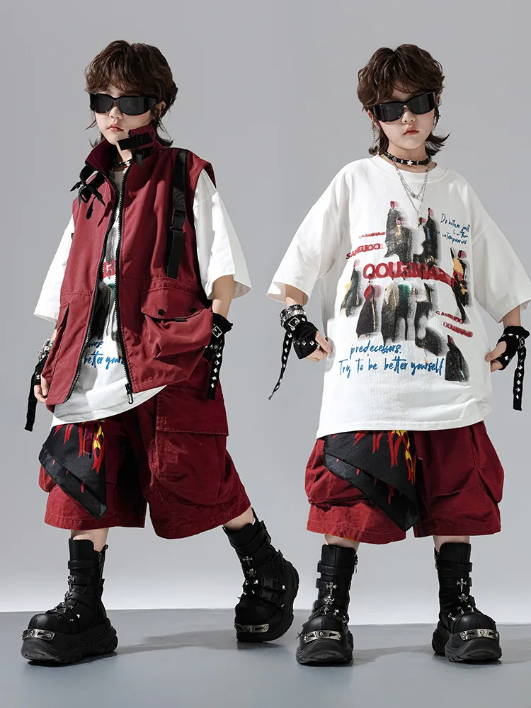 

Kid Kpop Hip Hop Clothing Maroon Strap Pocket Sleeveless Jacket Vest Casual Cargo Shorts for Girl Boy Dance Wear Costume Clothes