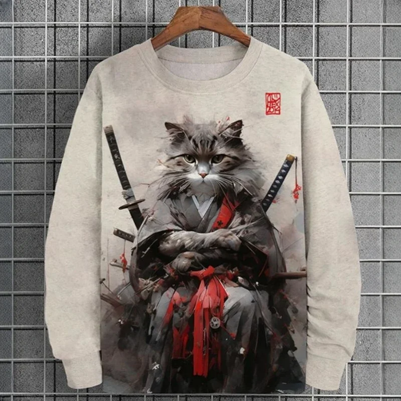 Men's Retro Hoodie Sweater Pullover 3d Warrior Cat Print Long Sleeve T-shirt Top Autumn Fashion Oversized Men's Clothing