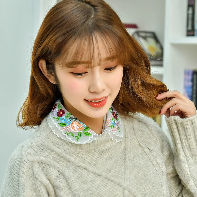 Linbaiway 2023 Embroidered Sweater Lapel Fake False Collar Female White Tie Detachable Collars Button Blouse Tops Decorative