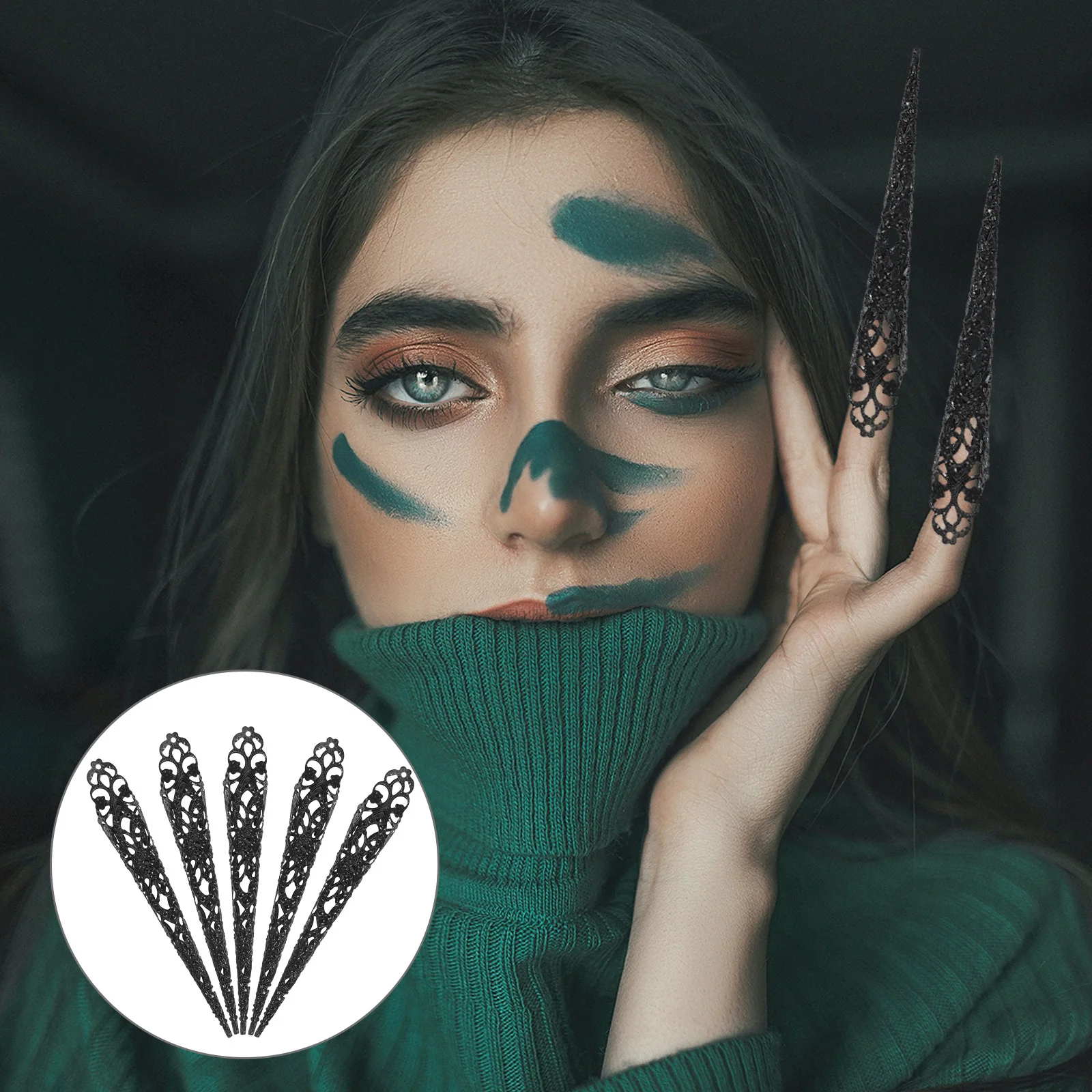 

5 Pcs Floral Fingertip Claw Rings Halloween Cosplay Nail Tips Finger Claws for Costume Party Decor