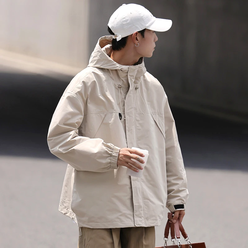 

Loose Fit Men's Spring Autumn y Jaet Casual Hooded Windproof Workwear Coat Button Decoration Iron-Free Faionable