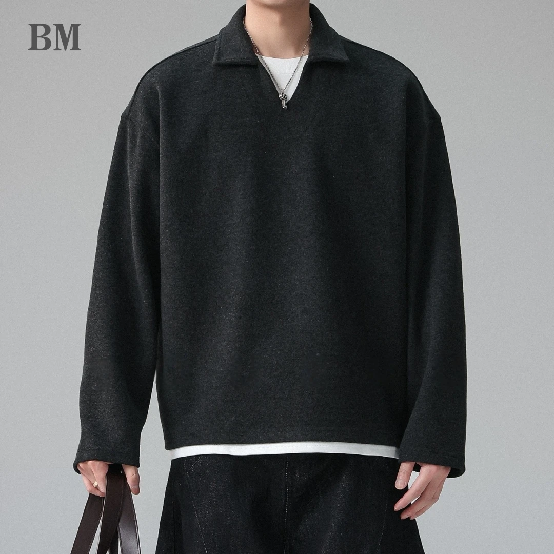 Camiseta Masculina de Duas Peças com Camada Interna, Moletom Vintage com Gola V, Ombro Caído, Manga Longa, Pulôver Oversized para Primavera e Outono, 