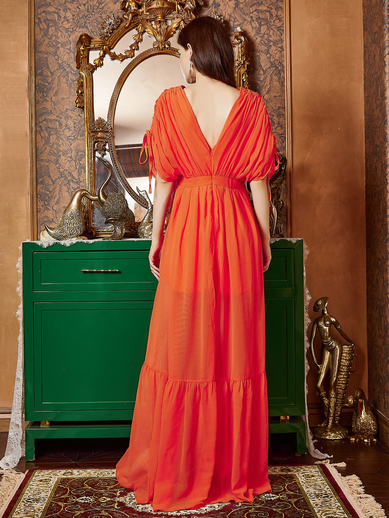 STUNROBES Orange Elegant Deep V-neck Dress Sexy Chiffon Long Dress Suitable for Dance Party Autumn Beach Hollow Skirt