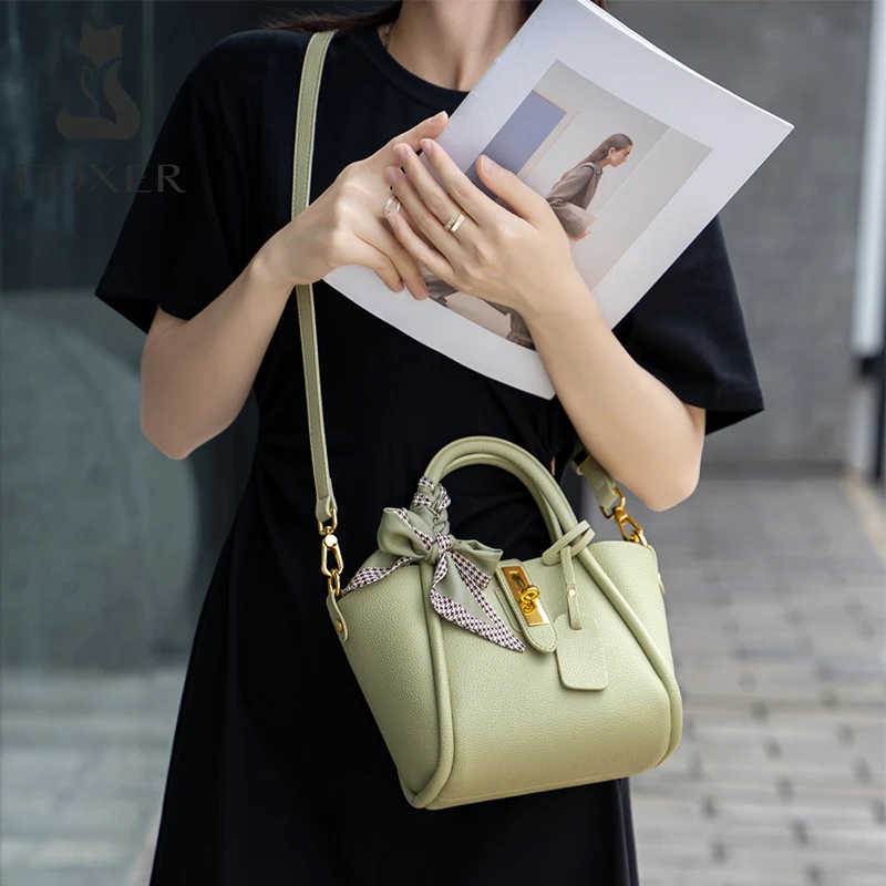 FOXER Women's Handbag Split Leather Shoulder Bag Luxury Design Female Crossbody Bag Trapezoid Commute Bag Gift for Lover