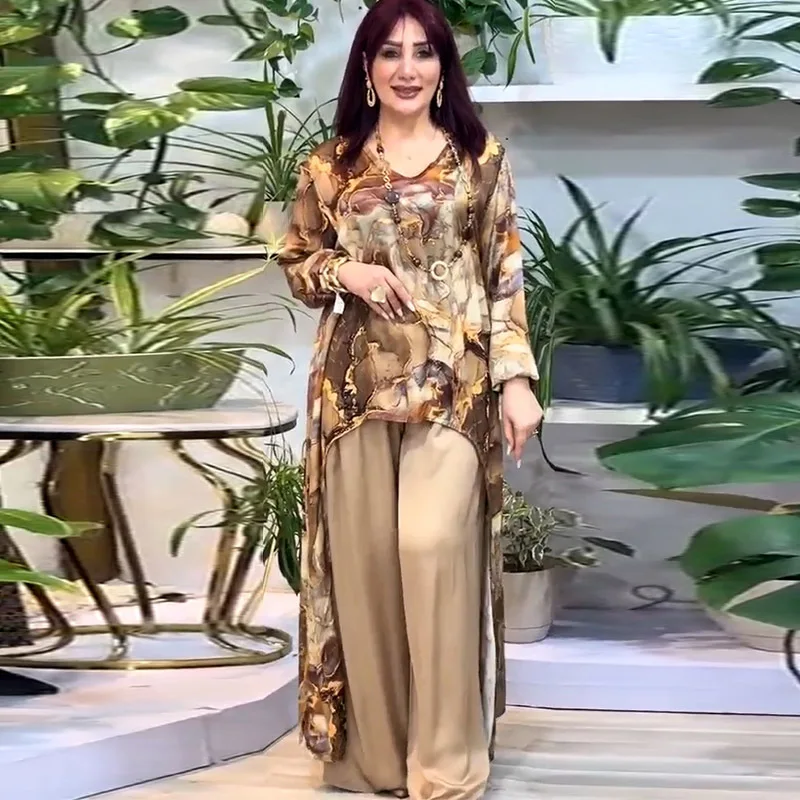Women Muslim Sets Long Top Wide Leg Pants Print Blouse Ensemble Dubai Islam 2025 Casual Outfits Arabic Trousers 2 Piece Suit
