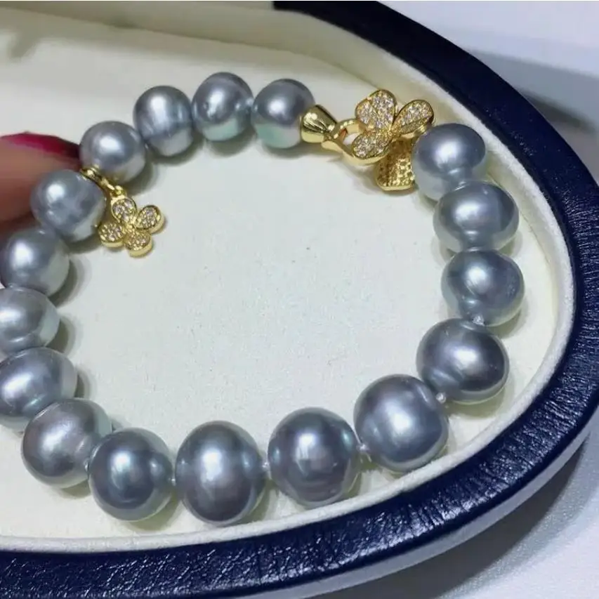 Gorgeous AAAA 9-10mm South China Sea Silver Gray Pearl Bracelet 7.5-8 Exquisite jewelry exquisite gifts