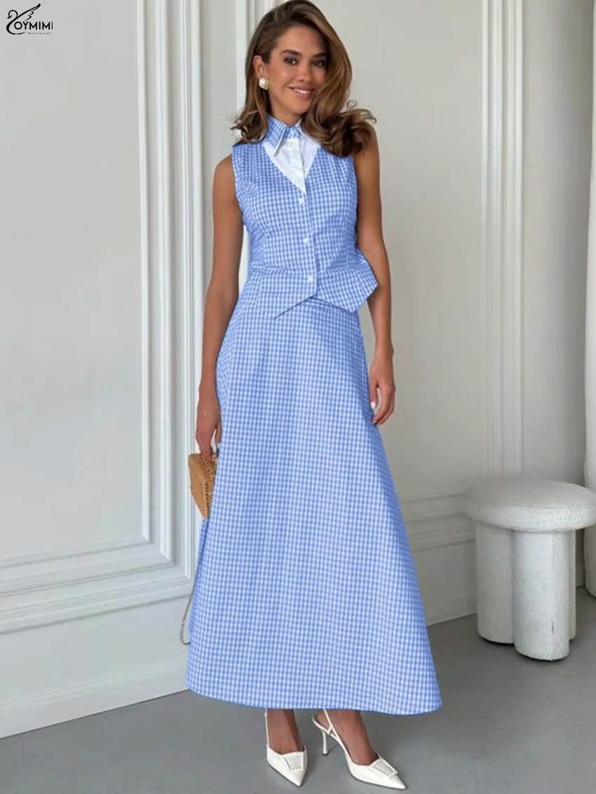 

Oymimi модные синие комплекты из двух предметов с принтом, женские элегантные лоскутные однобортные рубашки и юбки до середины икры с высокой талией, комплекты