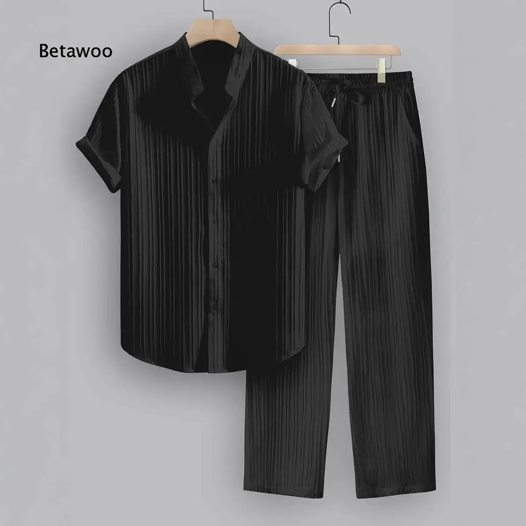 Men Striped Short Sleeve Shirt Button Front Drawstring Long Pants Two Piece Casual Daily Outfit Set