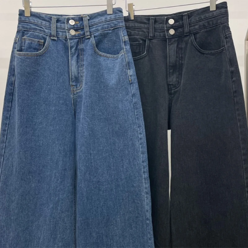 

High Waist Wide Leg Jeans Chic Spring Vintage Bootcut Denim Pants with Frayed Hem Two Button Versatile Jeans for Women
