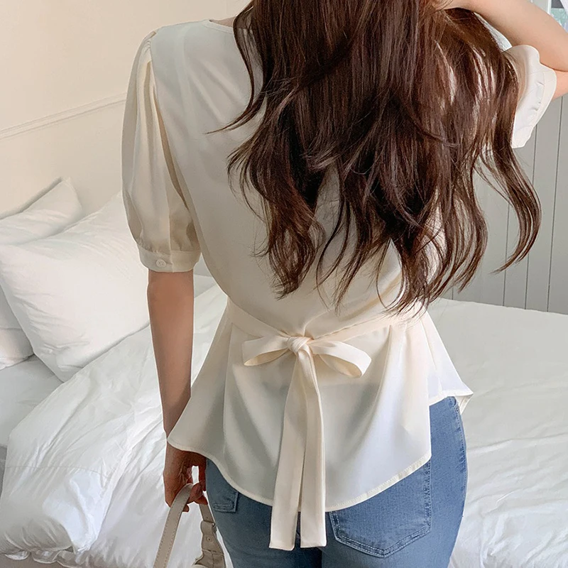 Fashion Irregular V-neck Lace-up Shirts Women Waist-cinching Slim Tops Blouse Elegant Loose Casual Blouse Apricot, Sky Blue