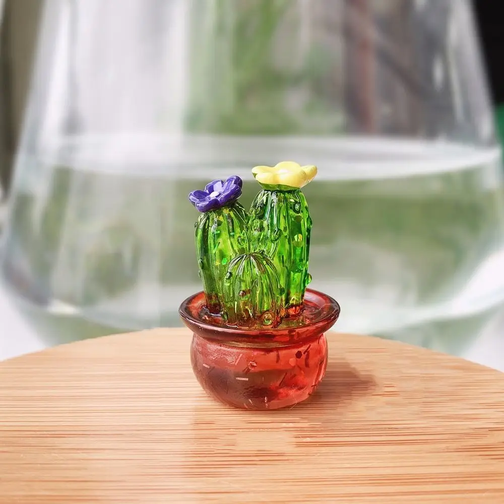 1Pcs Handmade Murano Glass Cactus Figurines Ornaments Desktop Craft Adornment Creative Colorful Cute Miniature Plant Home Decor