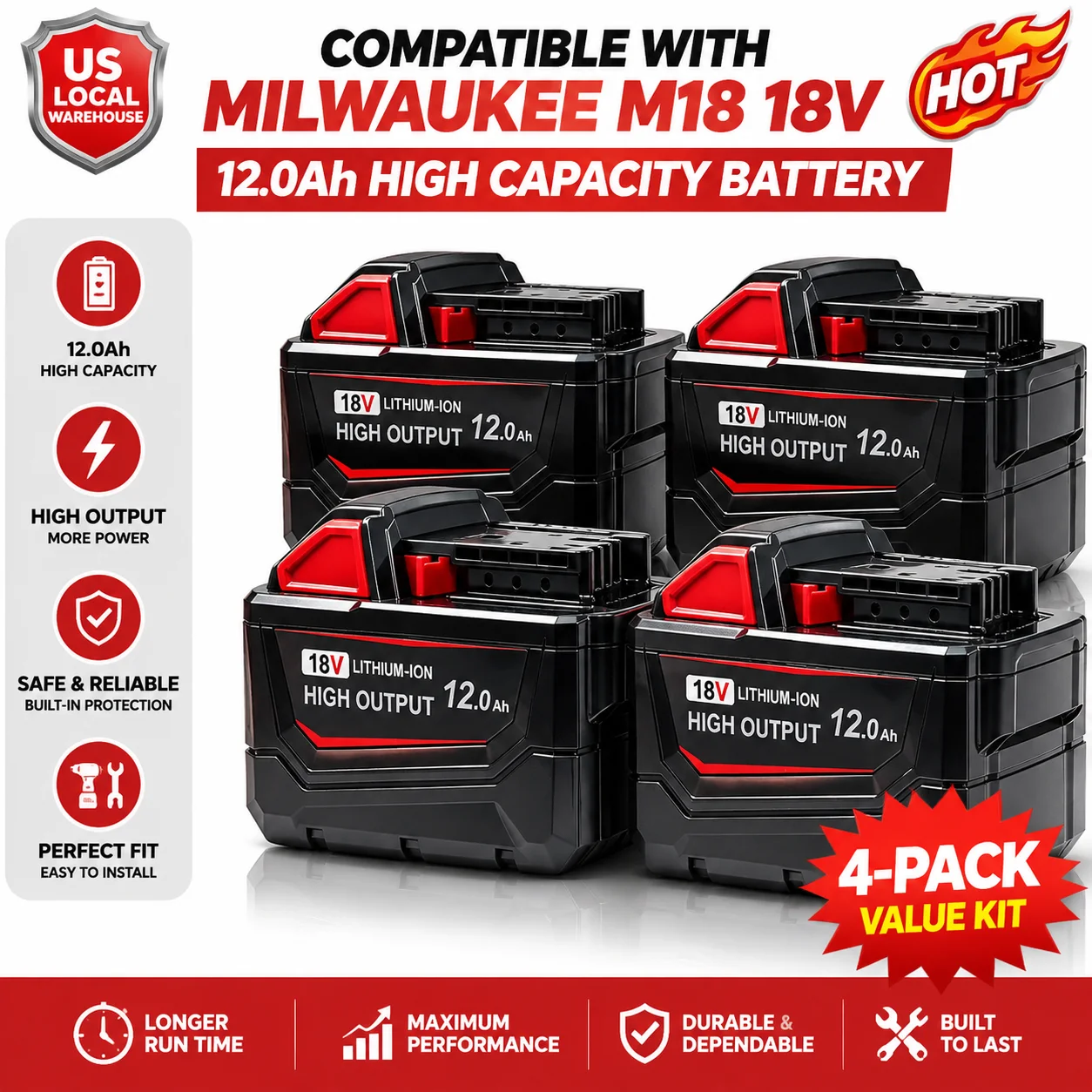 18V 12Ah Battery Pack 4 Pack Compatible with Milwaukee M18, Li-ion Replacement Battery for Cordless Power Tools Drill Saw