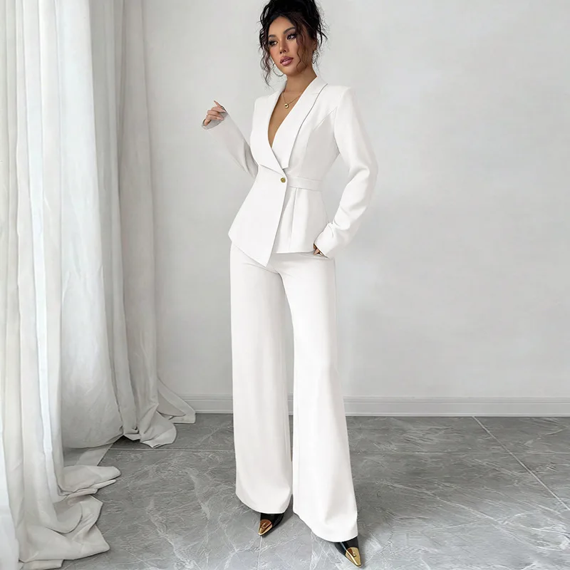 Pant Set Women 2 Piece Sets Lapel Full Sleeve Blazers Tight Waist Wide Leg Long Pants Work Casual Y2k Streetwear Autumn Winter
