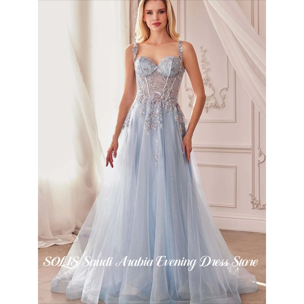 

SOLIS Light Blue Prom Dresses Spaghetti Strap Sleeveless Evening Dresses Embroidery Party Dress vestidos de fiesta Customized