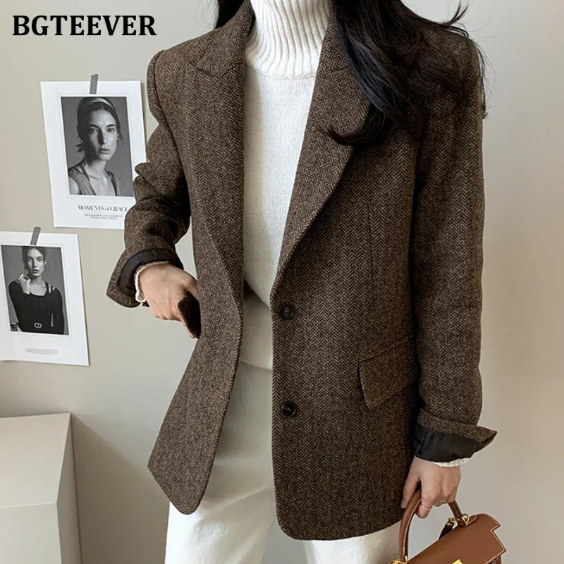 

BGTEEVER Stylish Notched Collar Ladies Thicken Wool & Blend Suit Coats Elegant Single-breasted Long Sleeve Loose Female Blazer