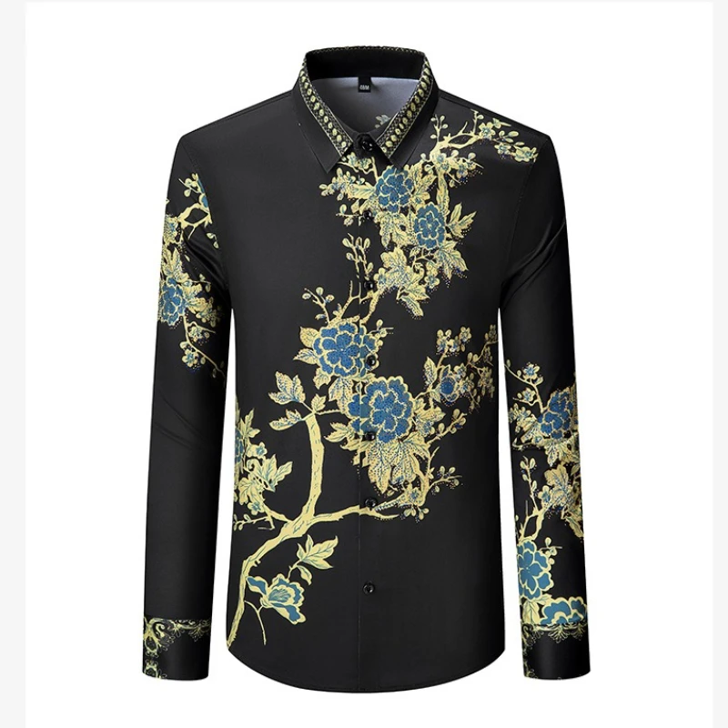 

Luxury Rhinestone Long Sleeved Shirt for Men Non Ironing Casual Business Dress Shirt High End Social Banquet Star Stage Shirts