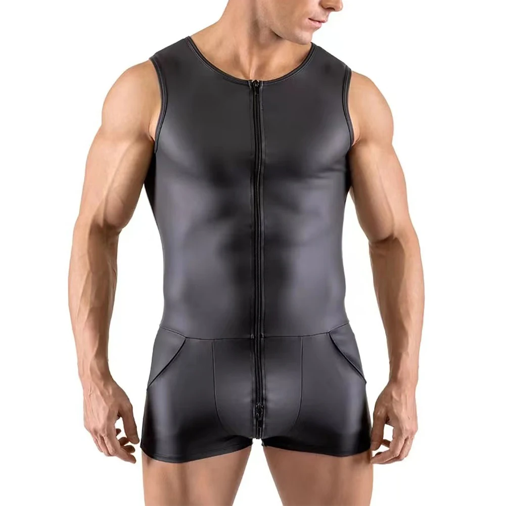 

Men Sexy Wet Look Patent Leather Bodysuit Sleeveless Jumpsuit Tight Fitness Thong Zip-up Open Crotch Leotard Erotic Clubwear