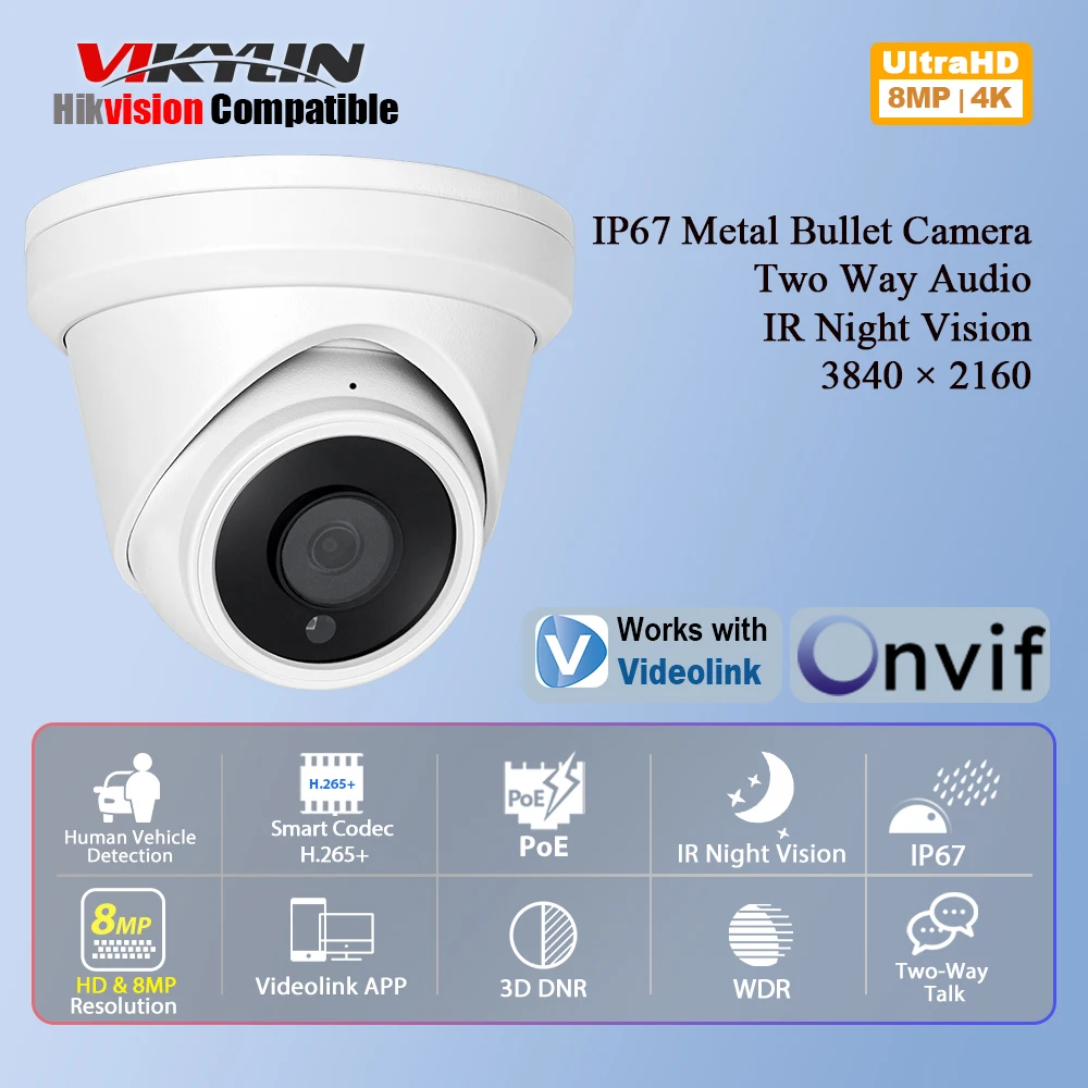 

Vikylin Hikvision, совместимая 8-мегапиксельная ИК-подсветка, IP-камера, двусторонняя аудиосвязь, обнаружение человеческого автомобиля, наружная камера видеонаблюдения, камера видеонаблюдения
