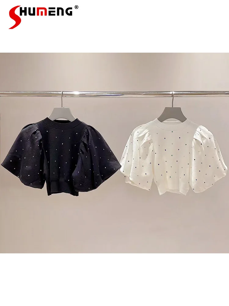 

Japanese Style Elegant Commuter Diamond Crop Knitted Tops Round Collar Puff Sleeve Slim Short Pullover Sweater Women Autumn 2024