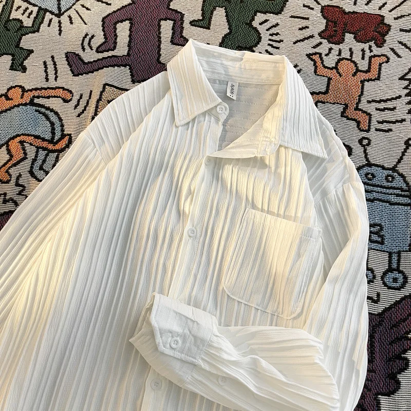 

Premium Feel Long Sve Ice Silk Loose Casual Thin irt for Men Summer Faion Korean Sle Wrinkles Design Youth ular