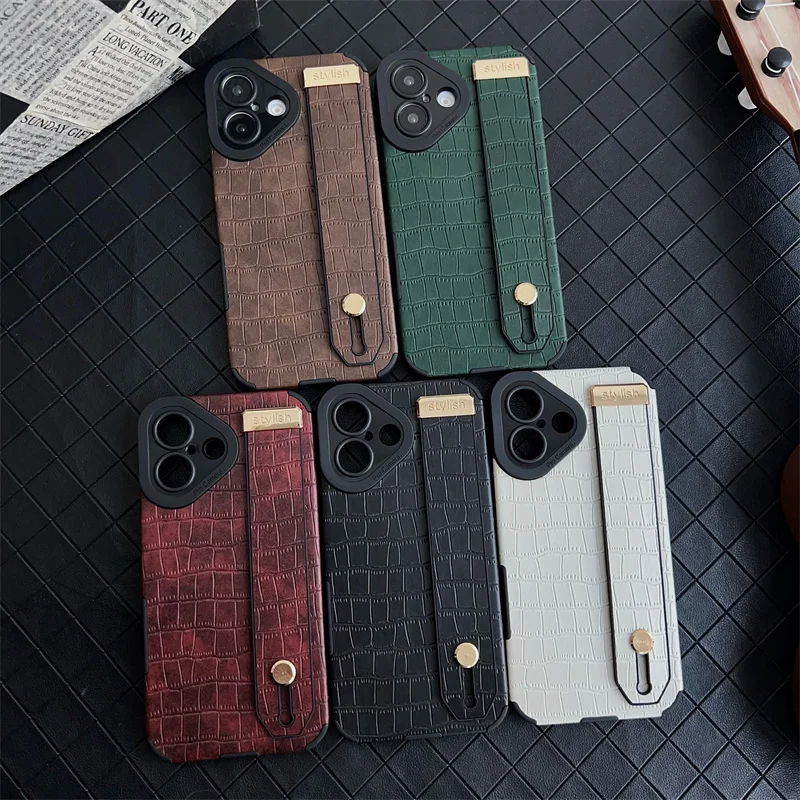 

Hand Wrist Strap Bracket Imitation Crocodile Skin Leather Phone Case For iPhone 16 15 14 13 12 Pro XS Max X XR 17 Plus Cover
