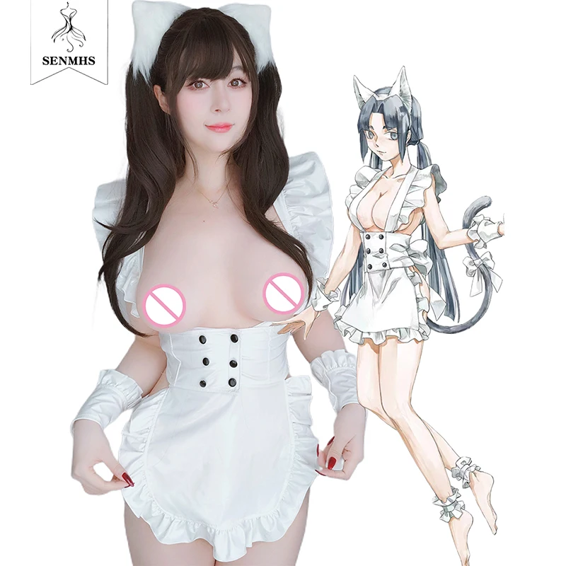 

SENMHS White Open The Chest Underwear Hollow Out Lacquer Leather Sexy Seductive Cat French Maid Cosplay Kawaii Anime Lingerie