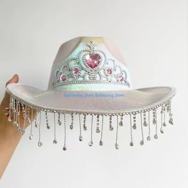 

573B Handmade Woman Bride Cowgirl Hat Wide Brim Bridal Crown Pattern Fedoras Hat