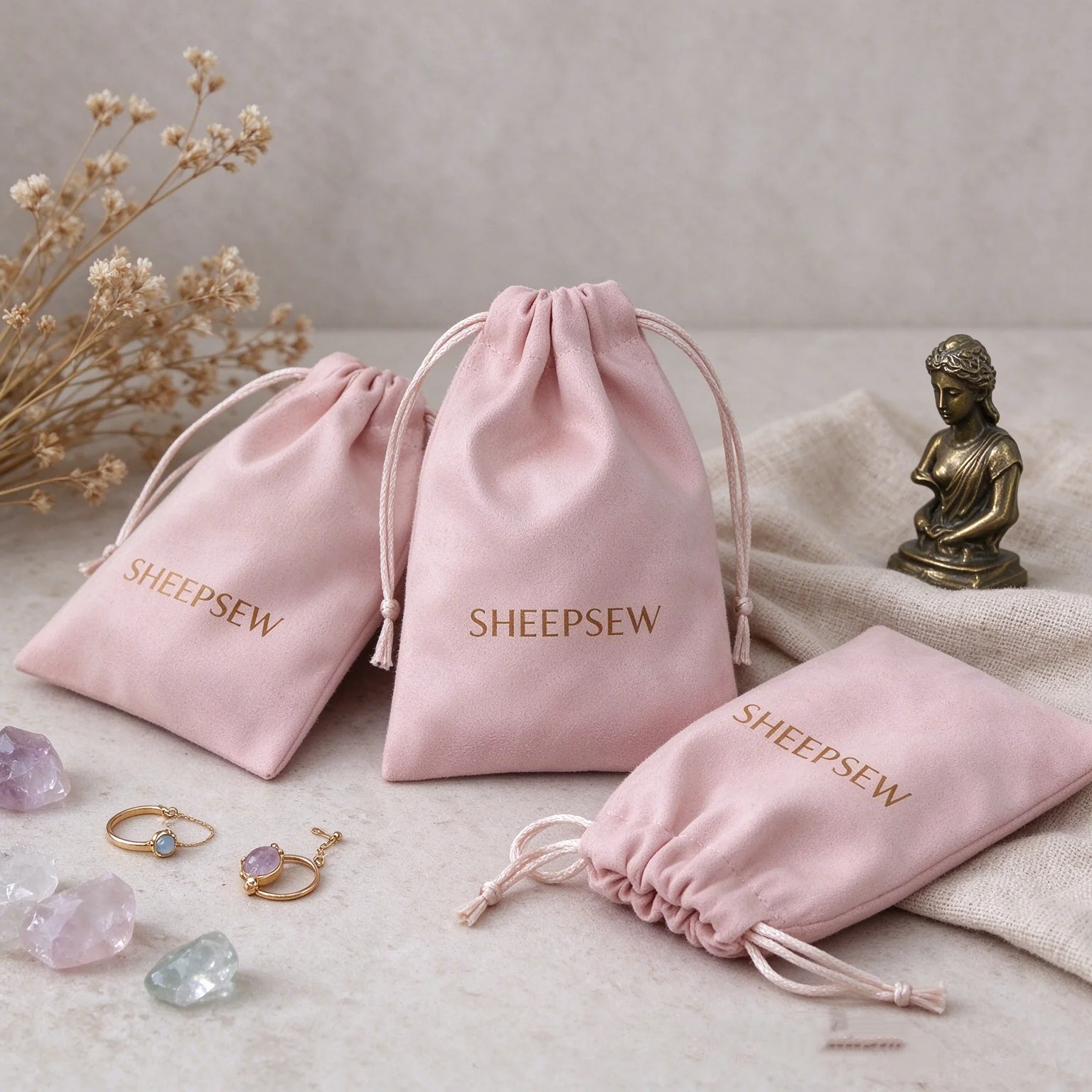 SHEEPSEW 100Pcs Custom Printed Logo Velvet Drawstring Bags Pink Flannel Wedding Favor Gift Pouches Jewelry Cosmetic Packaging St