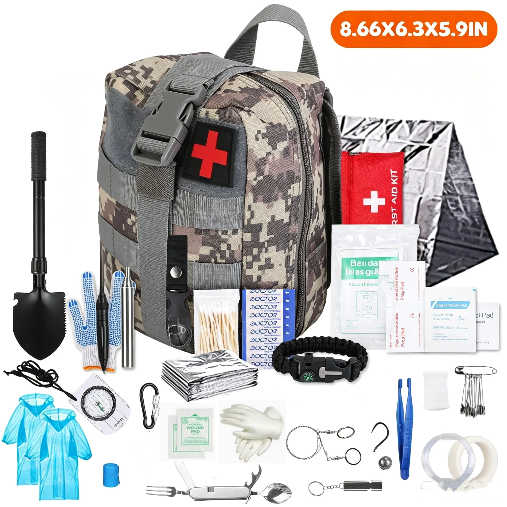 Outdoor Survival Kit Emergency First Aid Supplies Tactical Survival Tool Pouch for Hiking Camping Wilderness Adventure