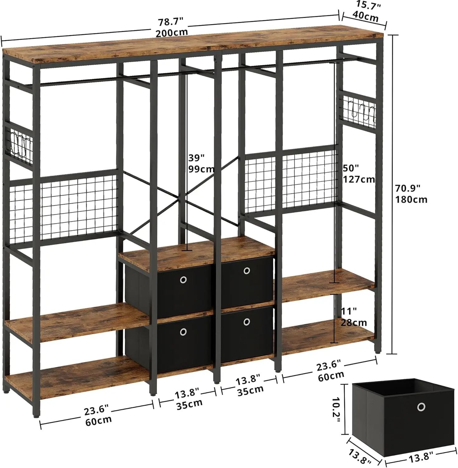 Porta abiti IRONCK con ripiani 4 cassetti e 8 ganci Organizer per armadio resistente per appendere vestiti, armadio indipendente.