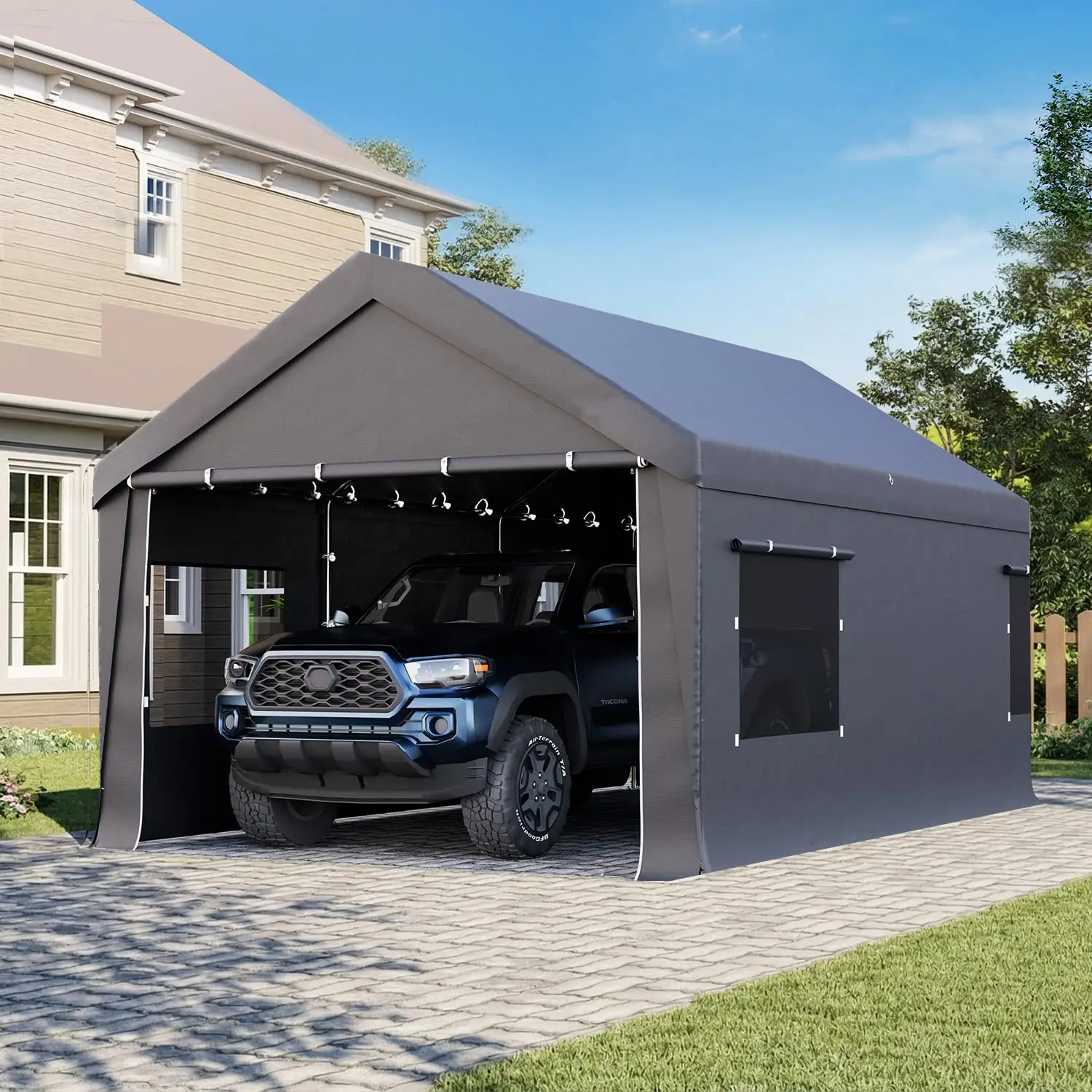 12x20 FT Heavy Duty Carport Canopy, Grey | Portable Garage Tent with Roll-Up Windows & Doors, Car Port with, Customized
